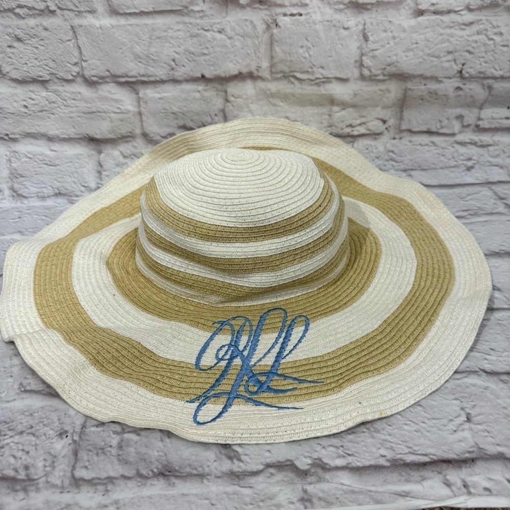Lauren Ralph Lauren womens striped straw floppy hat one size embroidered RLL
